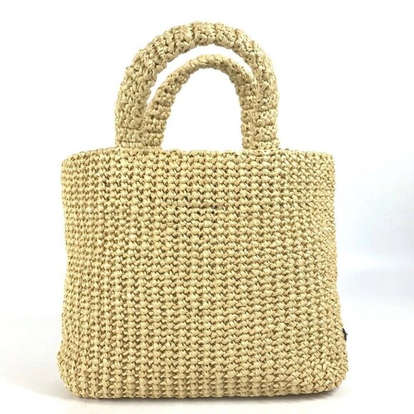 PRADA 1BG422 Basket Straw Bag Crochet Lettering Logo Tote Bag Hand Bag - Picture 3 of 9